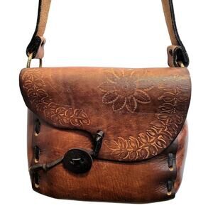 Seventies Tooled Leather Brown Shoulder Bag Boho Folk Charm Wanderer Retro Style